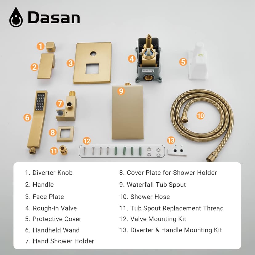 DASAN Waterfall Tub Filler Faucet Wall Mount with Hand Shower, Modern Wall Mounted Bathtub Faucet Brushed Gold Tub Faucet with High Flow Rough in Valve, SA-TF01WH-BG