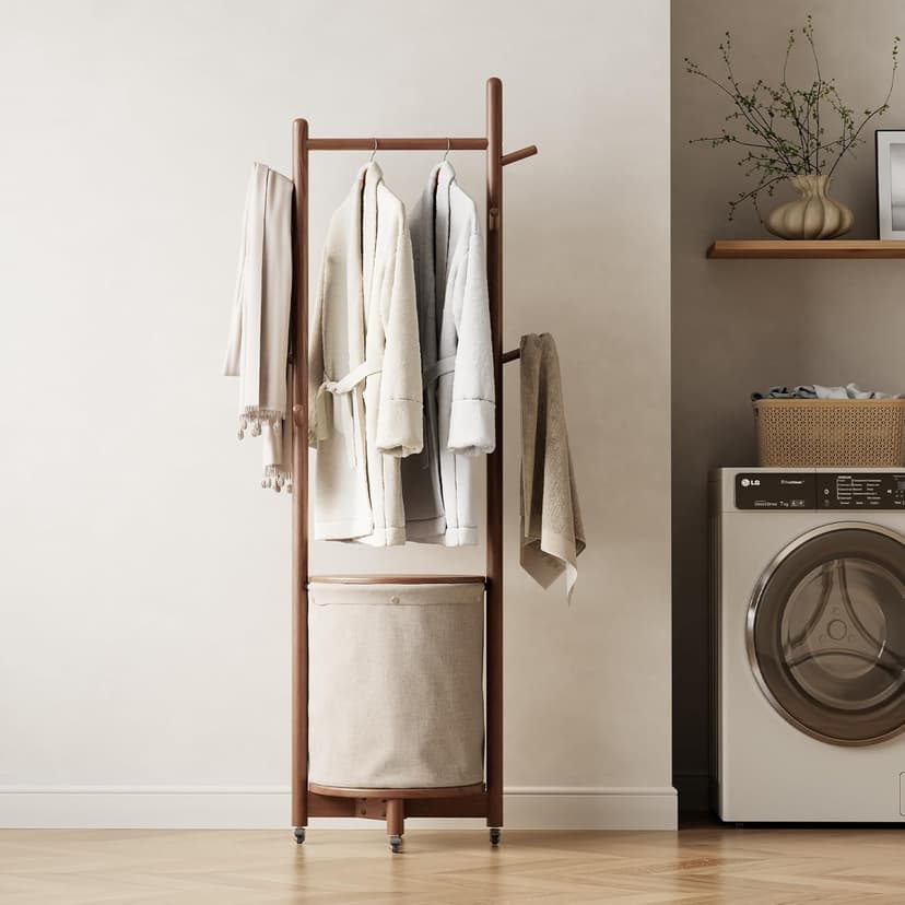 Solid Wood Coat Rack with Fabric Basket - Coat Hanger Stand Coat Tree Rack Freestanding with 9 Hooks Wheels, Small Clothes Rack For Entryway Bedroom Hallway Living Room
