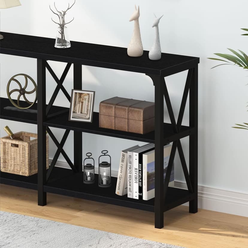 IBF Black Console Table, Modern Industrial Sofa Table with 3 Tier Storage Shelves, Farmhouse Wooden Metal Entryway Table for Living Room, Hallway, or Foyer, Black Oak, 63 Inch