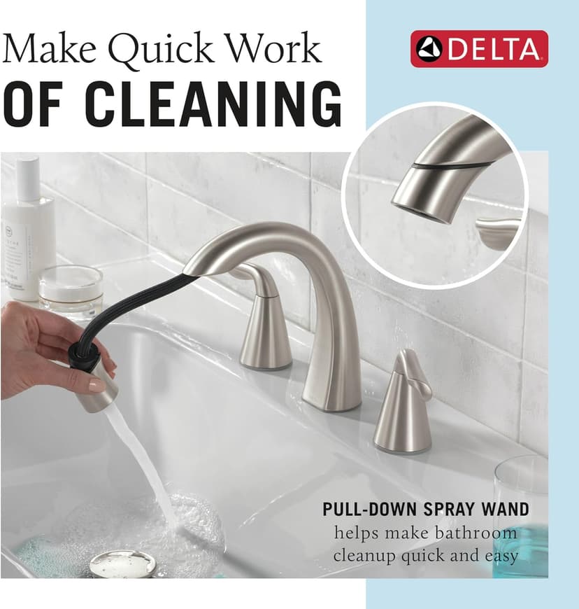 Delta Arvo Brushed Nickel Bathroom Faucet with Sprayer, 8 Inch 3 Hole Widespread Bathroom Sink Faucet with Pull Out Sprayer, Push-Pop Drain, SpotShield Stainless 35840LF-SPPD