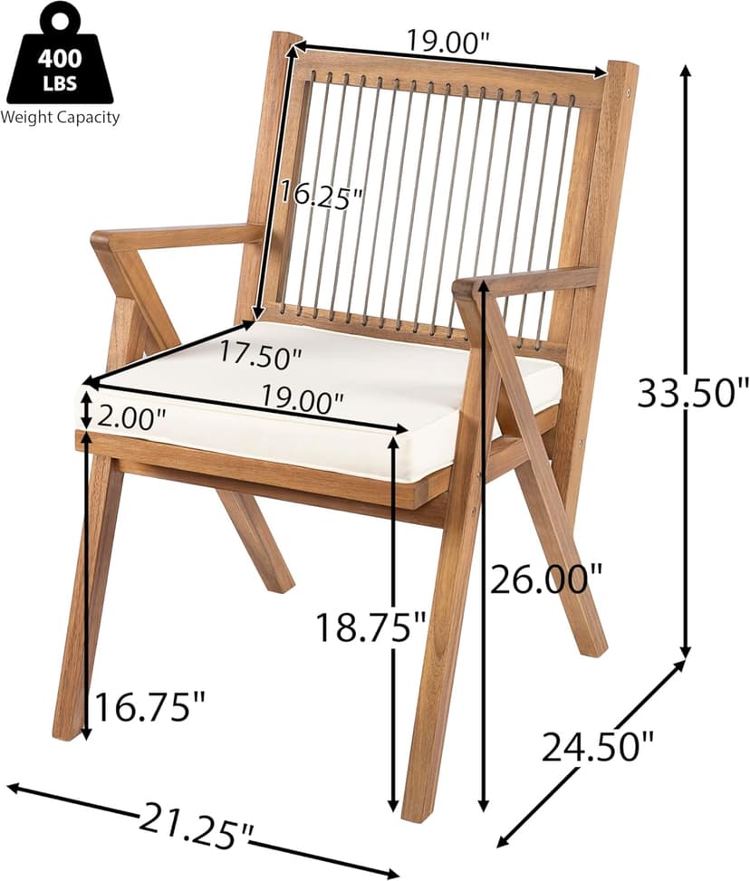 Christopher Knight Home Becker Outdoor Dining Chairs Set of 2 with Cushion, Acacia Wood Dining Room Armchair Set, Garden Chair Set with Handwoven Accent, Patio Dinners Comfy Extra Seat, Cream + Teak