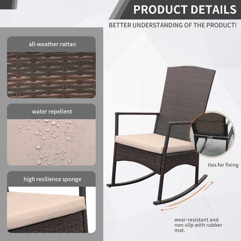 Outdoor Rocking Chair 3 Pieces High-Backed Rocking Chair Patio Rocking Chairs Outdoor Table, Khaki