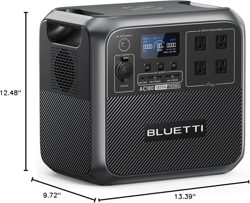 BLUETTI Solar Generator AC180, 1152Wh LiFePO4 Battery Backup w/ 4 1800W (2700W peak) AC Outlets, 0-80% in 45Min, for Camping, Off-grid, Power Outage