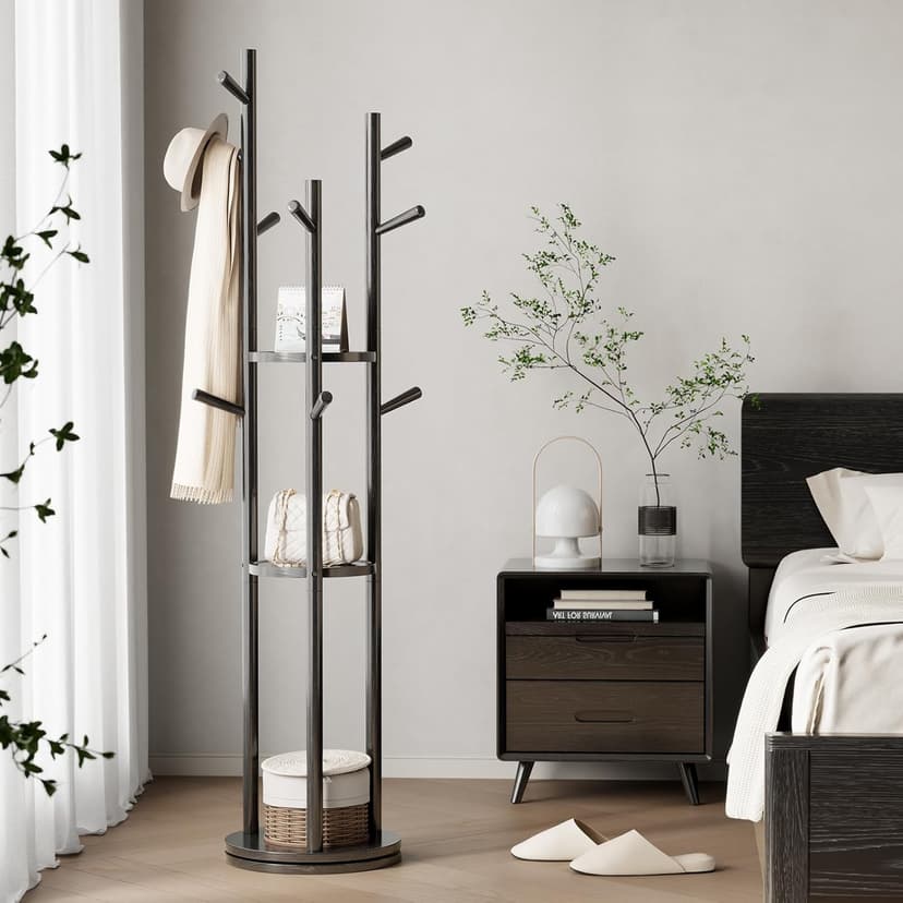 KungFuWood Coat Rack, Solid Wood Rotary Coat Rack Stand, Freestanding Coat Rack with 3 Shelves and 9 Hooks, Sturdy and Easy to Assemble Coat Tree for Entryway, Bedroom, Coats, Bags (Black)
