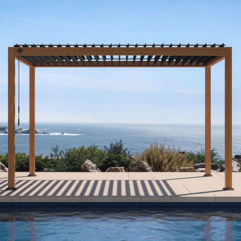 111S Takasho Louvered Pergola 10x13 Wood Grain Outdoor Aluminum Pergola with Adjustable Rainproof Roof Full Aluminum Frame Ideal for Outdoor Deck Garden Patio Durable, Cherry Oak