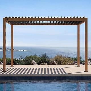 111S Takasho Louvered Pergola 10x13 Wood Grain Outdoor Aluminum Pergola with Adjustable Rainproof Roof Full Aluminum Frame Ideal for Outdoor Deck Garden Patio Durable, Cherry Oak
