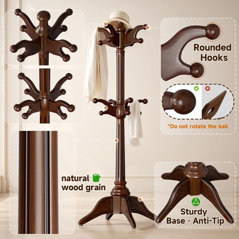 Solid Wood Rotary Coat Rack Freestanding, Heavy Duty Coat Hanger Stand with 2 layer Multi-direction Hooks, 360° Rotating Standing Coat Rack Tree for Entryway, Bedroom, Office, H: 77.6in (Walnut)
