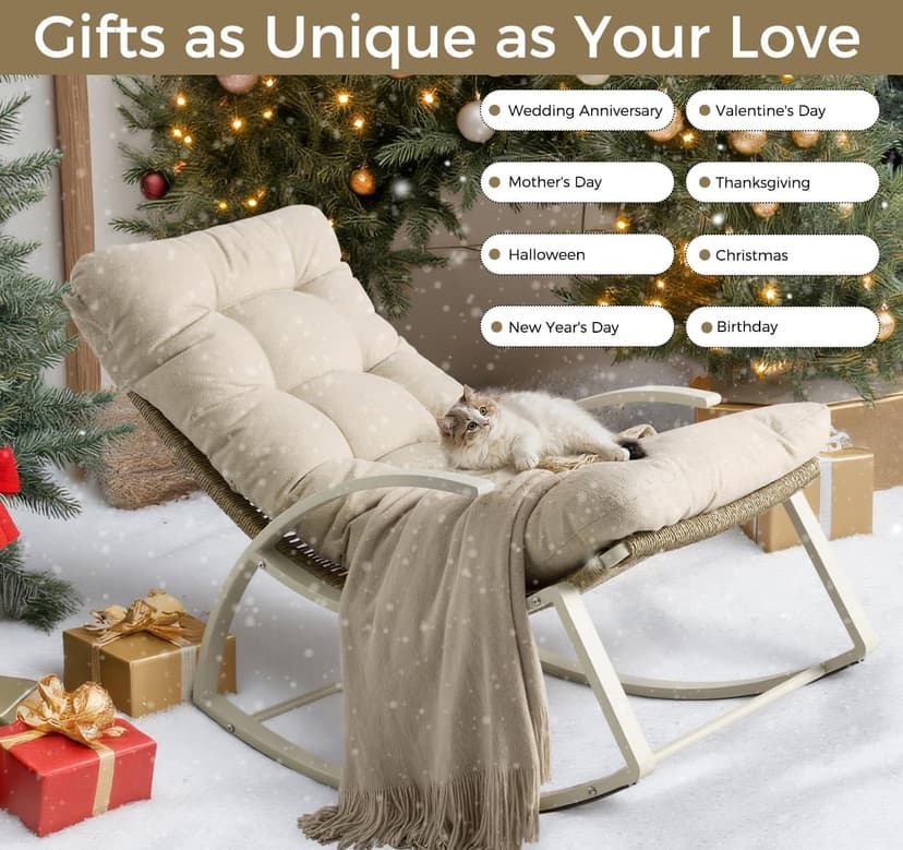 IRONCK Patio Rocking Chair, Outdoor Rocking Chair with Armrest and Cushion, Handwoven Twisted Rattan Rocker for Indoor Living Room Balcony Garden Porch, Beige