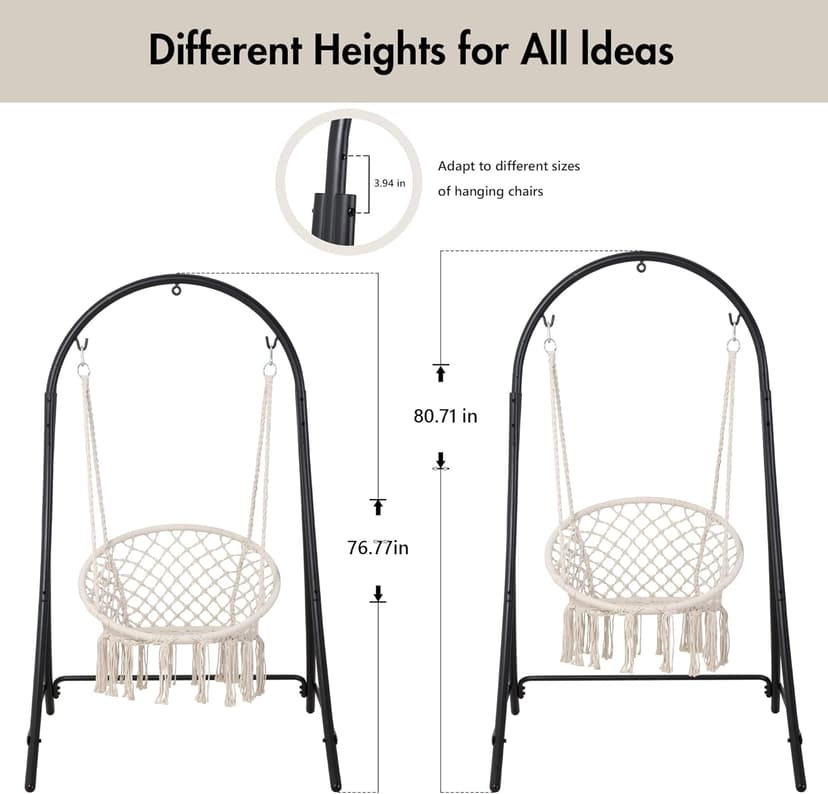 ANOW Adjustable Hammock Chair Swing Stand Only, Heavy Duty Hanging Chair Stand with Safety Hooks for Indoors Outdoors, Max 400 Lbs, Plus Size Version, Black