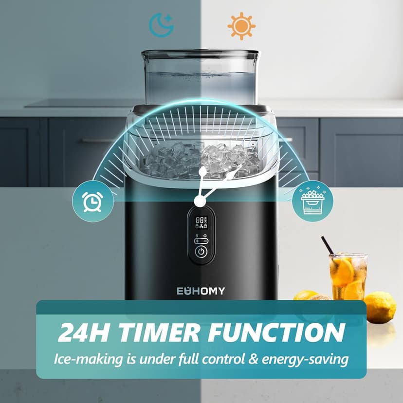 EUHOMY Ice Cube Maker Machine Countertop with External Water Tank, 34Lbs, 16Pcs Ready in 13 Mins, 2 Ways to Add Water, Auto-Cleaning, with Ice Scoop & Basket, for Home/Kitchen/Office/Bar (Black)