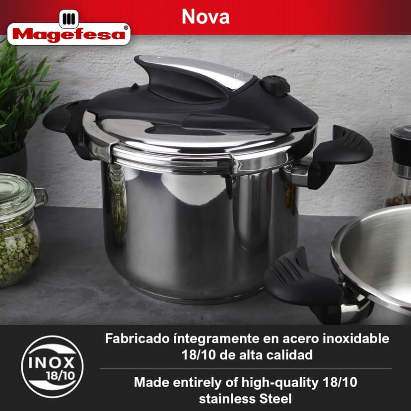 Magefesa Nova 4.2 Qt Stovetop Pressure Cooker – Fast Cooking, Easy Locking, 18/10 Stainless Steel, Induction Compatible, 5 Safety Features, 11.6 PSI