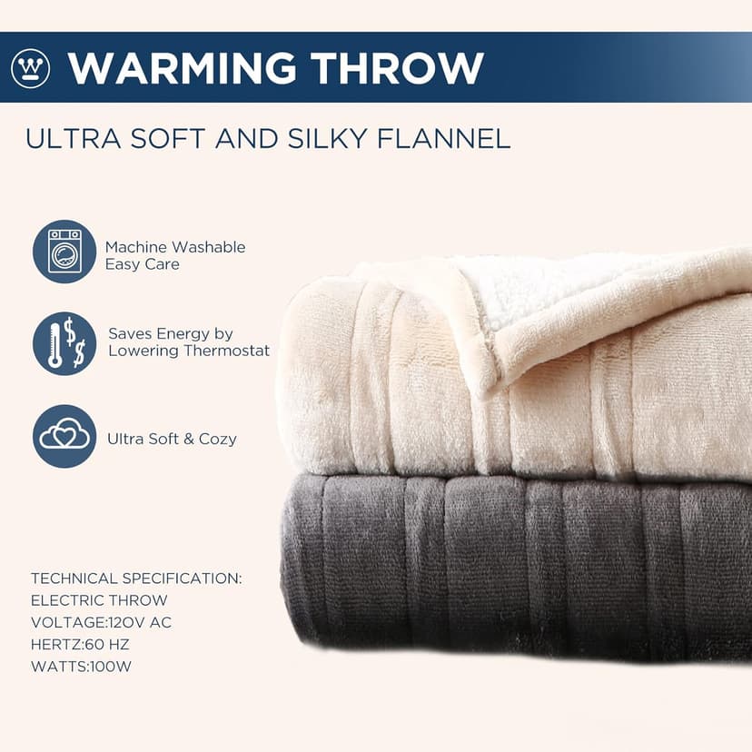Westinghouse Electric Blanket Twin, Heated Blanket Twin Size with 10 Heating Levels and 1 to 12 Hours Heating Time Settings, Flannel to Sherpa Reversible, Machine Washable (62" x 84", Charcoal)