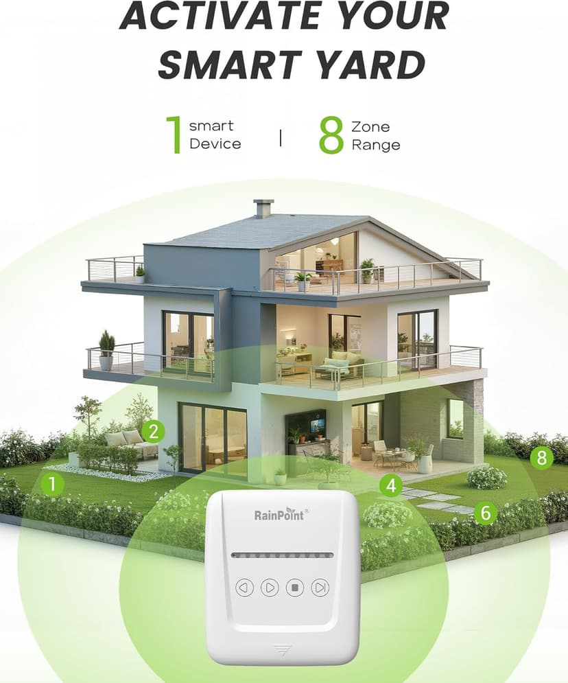 RAINPOINT 8 Zone Smart Sprinkler Controller - Local Weather Intelligence WiFi Sprinkler System Controller, Easy Install APP Control Irrigation System, Sprinkler Timer for Garden Yard
