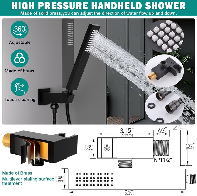 HOMEDEC Luxury Matte Black Shower System, Multi Functions 15.7x31.5inch Mist Rain Shower Head System with Full Body Sprays Jets, Rainfall Ceiling Thermostatic Shower Faucet Set