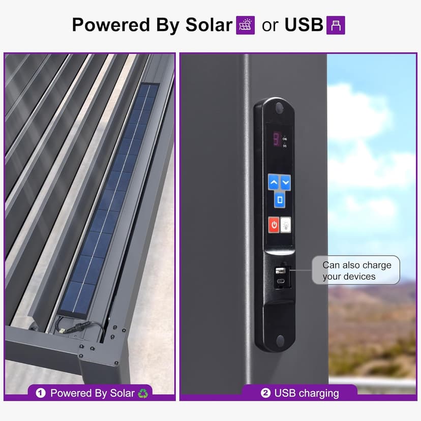 PURPLE LEAF Solar Louvered Pergola 92KS 10' x 12' with LED String Lights and Control Panel Aluminum Outdoor Pergola with Adjustable Roof for Patio Deck Garden Yard Gray