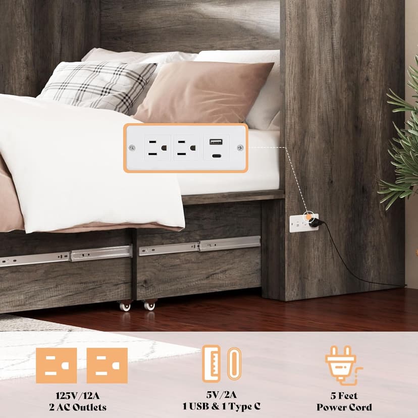 AMERLIFE Queen Murphy Bed with Storage & Charging Station, Farmhouse Murphy Cabinet with Foldable Panel, Noisy Free, for Living Room, Guest Bedroom, Office, Rustic Gray