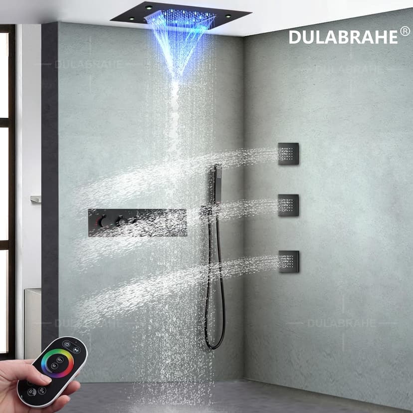 14 X 20 Inch Ceiling LED Rain Shower Head With Body Jets Large Luxury Rainfall Shower System Thermostatic Mixer Set Kit Included (Oil Rubbed Bronze)