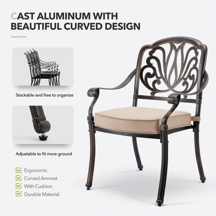 7 Piece Outdoor Dining Set Cast Aluminum, Retro Patio Dining Furniture Set for 6 Includes 59” Rectangular Table 2 Swivel Chairs with Thicker Cushions and Umbrella Hole for Patio Deck Garden