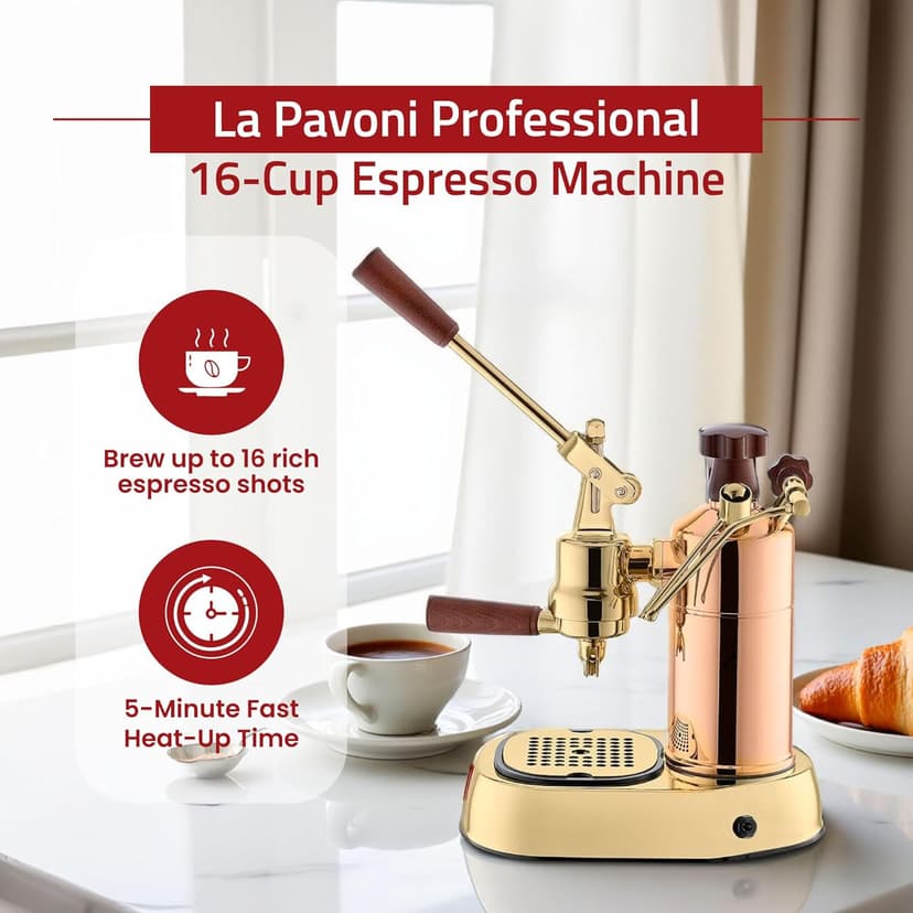 La Pavoni Professional 16-Cup Lever Espresso Machine - Copper and Brass Espresso Maker with Bottomless Portafilter - 38oz Boiler with Pressure Gauge - Manual Lever Operation - Made in Italy