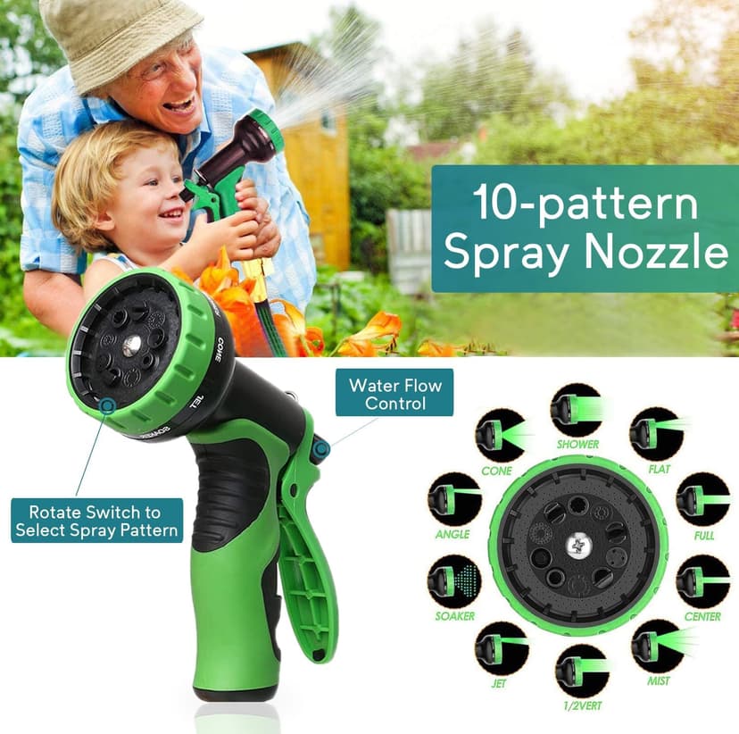 100 ft Expandable Garden Hose - 2025 New No Kink Flexible Water Hose 100ft with 10 Pattern Spray Nozzle, 3/4 Solid Brass Connectors, Retractable Latex Core - Lightweight Expanding Hose