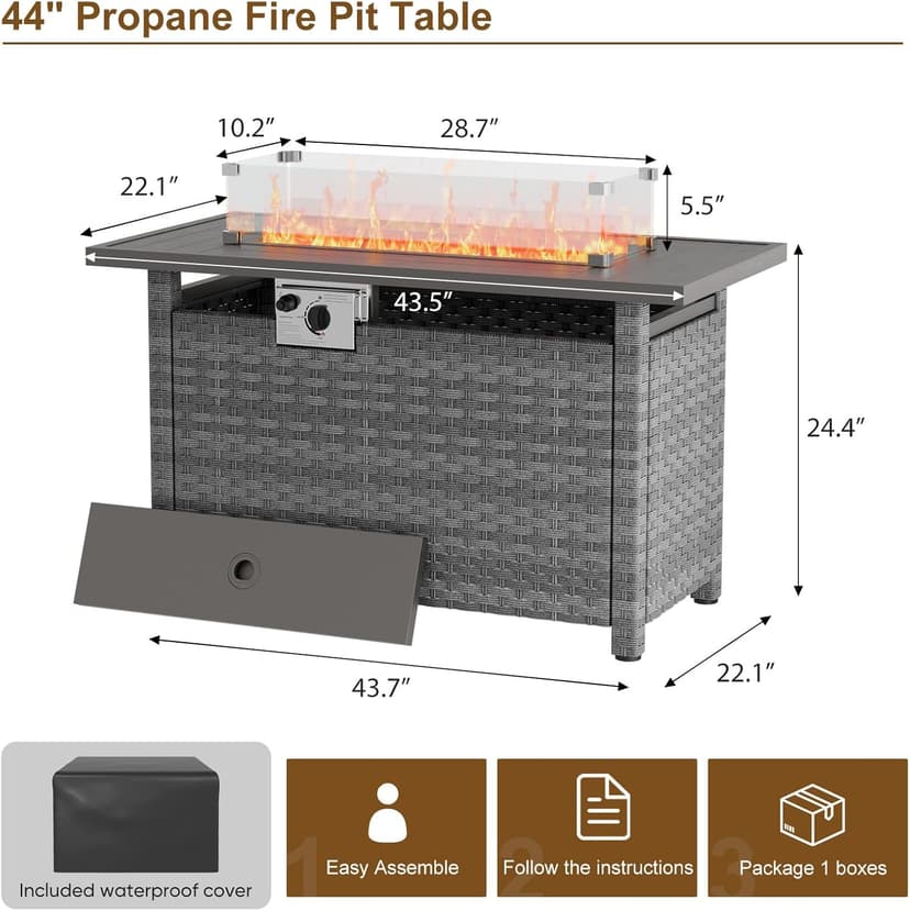 Fire Pit Table with Wind Guard for Outdoor, Auto-Ignition Propane Gas Firepits Rattan Rectangular Table for Outside Patio 60,000 BTU, Gray
