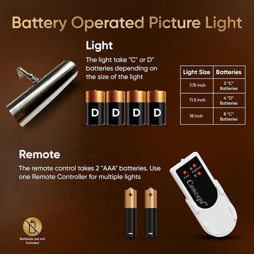 Concept Lighting 102L Concepdesigns Dimmable Wireless Picture Wall, Art, Library Light Battery Operated w/Remote Control, 11.5 inch, Antique Brushed Bronze