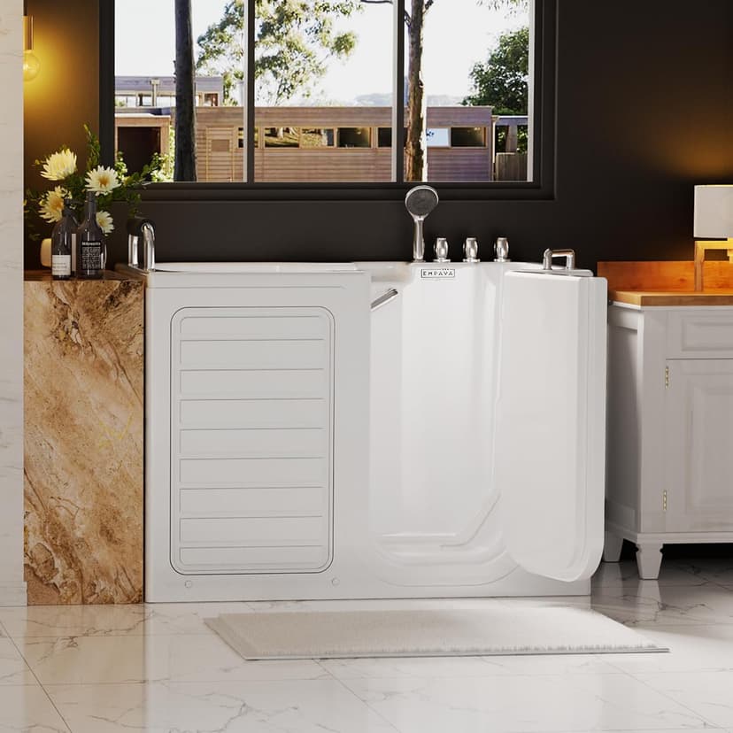 Empava Walk-In Tub, Japanese Soaking Bath, Right Outward Door, Low Threshold, Slip-Resistant, Built-in Seat, Fast Drain, Handrails, Easy Access for Seniors & Mobility-Impaired,54"