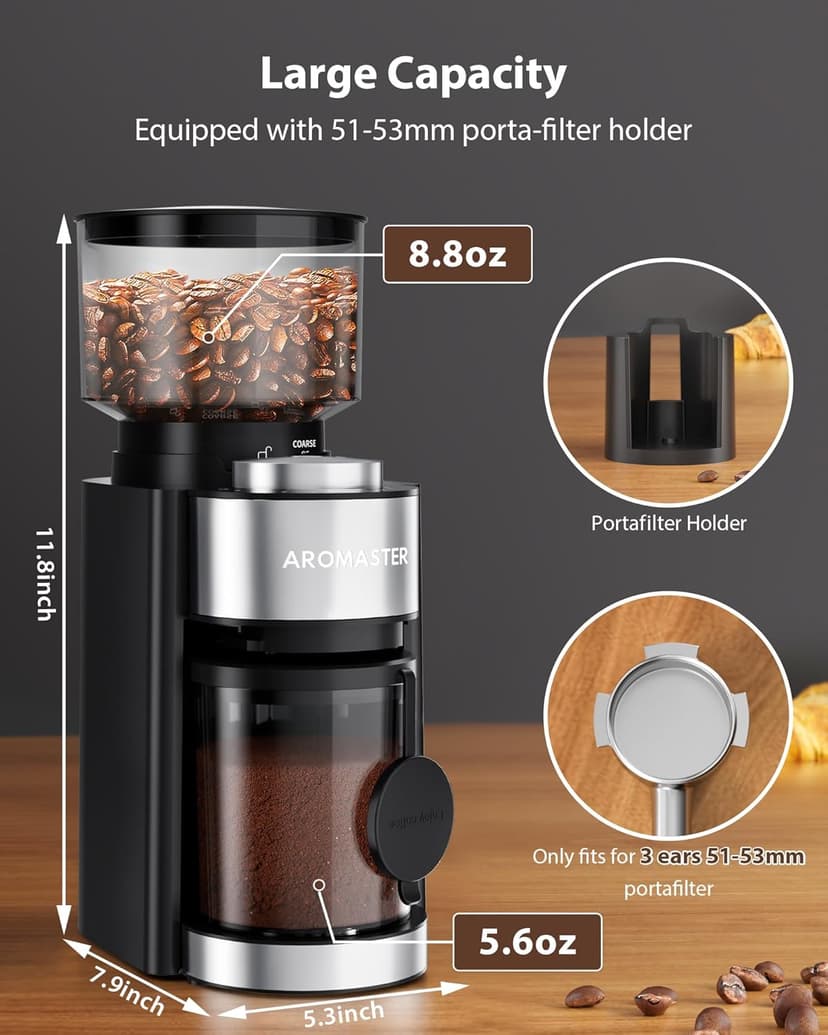 Aromaster Burr Coffee Grinder with 25 Grind Setting, Adjustable 2-12 Cups Timer, Professional Conical Coffee Bean Grinders for Home Use, 3-Ears Portafilter Holder, Anti-static, Cleaning Brush, Black