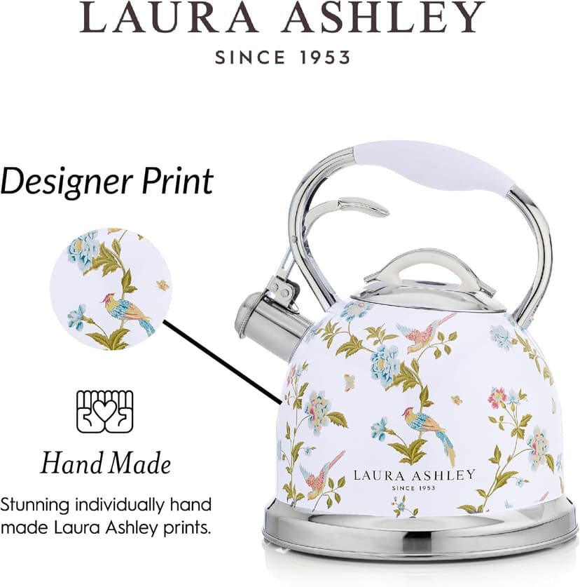 Laura Ashley Elveden White Stovetop Kettle with Whistle - 2.5L Fast Boil Stainless Steel Kettle Stove Top - Silicon Coated Cool Handle Camping Kettle for Gas, Induction Hob - Compatible with Aga Stove