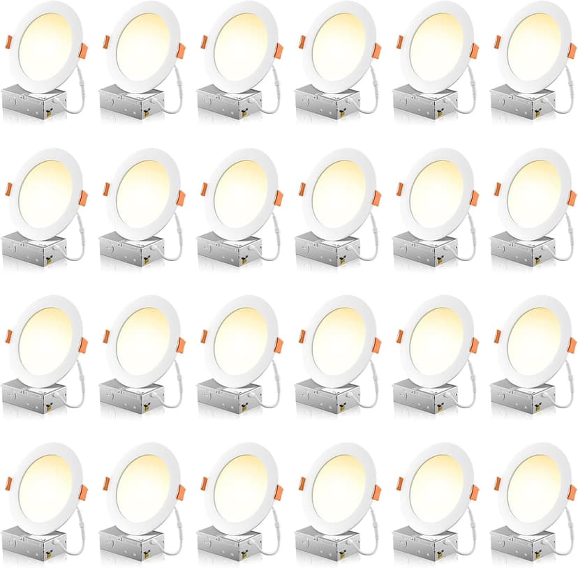 FREELICHT 24 Pack 6 Inch 5CCT Ultra-Thin LED Recessed Ceiling Light with Junction Box, 2700K/3000K/3500K/4000K/5000K Selectable, 1050LM Brightness, Dimmable Canless Wafer Downlight, 12WEqv110W-ETL&FCC