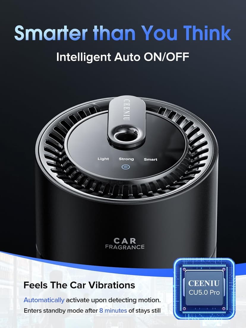 Ceeniu Smart Car Air Fresheners, New Smell Experience By Ultrasonic mist, Auto On/Off, Powerful Built-in Battery, Natural Fragrance, Adjustable Car freshener, Cologne Scent
