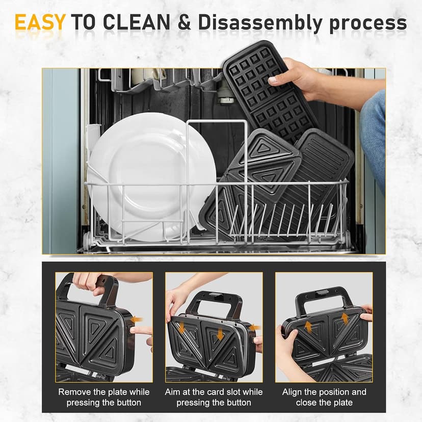 Waffle Makers, 3-in-1 Waffle Iron Panini Press Sandwich Maker with Removable Plates, 5-gears Temperature Control Non Stick Coating Cool Touch Handle Anti-skid Feet for Breakfast 1200W 120V