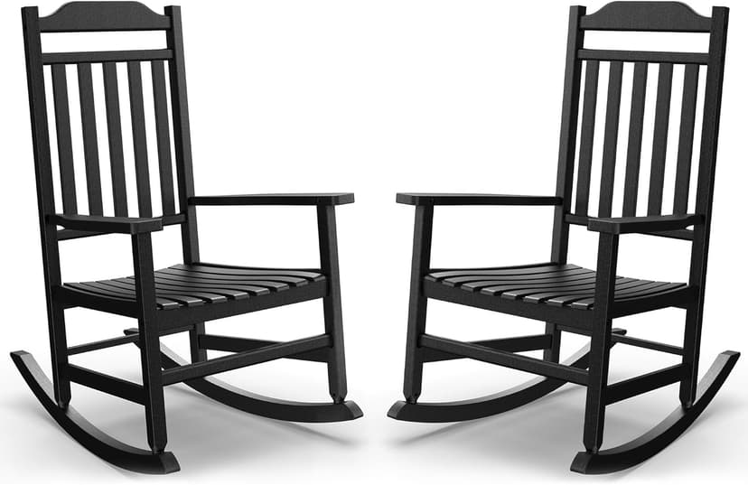 Patio Rocking Chair Outdoor Set of 2,Weather Resistant Poly Resin Oversized Porch Rocker,High Back Smooth Design,350lb Weight Capacity,Indoor Outdoor Use(2,Black)