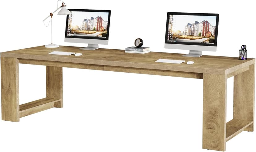 Tribesigns Two Person Desk, 86.6 Inches Extra Long Desk, Double Computer Writing Table, Wood Large Desks Workstation for Home Office, Natural Oak