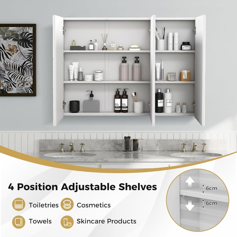 GOFLAME Medicine Cabinet with Mirror, Frameless Bathroom Wall Mounted Mirror Cabinet with 3 Doors and Adjustable Shelves, Bathroom Mirror with Storage, Recess or Surface Mount Installation