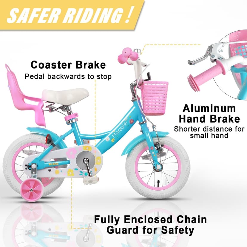 Glerc Maggie Girls Bike, 12-20 Inch Kids Bike for 2-13 Years Old Children, Princess Style Kids Bicycle with Doll-Seat & Basket & Training Wheels, Multiple Colors