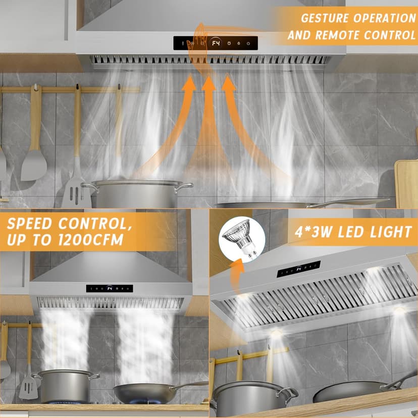 48 Inch Wall Mount Range Hood 1200CFM, 4-Speed Wall Mount Range Hood with Touch Control & Gesture Sensing Stainless Steel Kitchen Stove Vent Hoods with 4 LED Lights Ultra Series