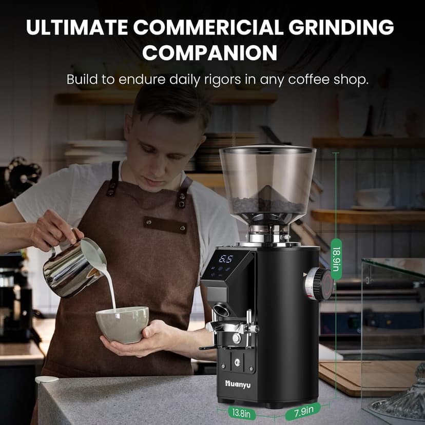 Huanyu Commercial Coffee Grinder with Touching Screen Infinite Adjustment 8 Grinding Settings Burr Coffee Grinders for Shops with Dual Dosing Modes