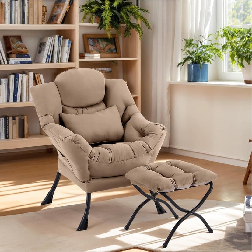 Lazy Chair with Ottoman, Modern Lounge Armchair with Lumbar Pillow, Accent Cozy Reading Chair and Folding Footstool for Bedroom, Dorm, Living Room,Khaki