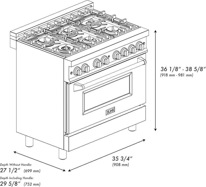 ZLINE 36 in. 4.6 cu. ft. Legacy Dual Fuel Range with 6 Burner Gas Cooktop and Electric Convection Oven in Stainless Steel and White Matte Door (RA-WM-36)