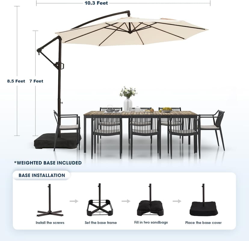 wikiwiki 10ft Patio Umbrella with Base Included, Outdoor Offset Cantilever Umbrella, Infinite Tilt, Crank and Cross Base, Beige
