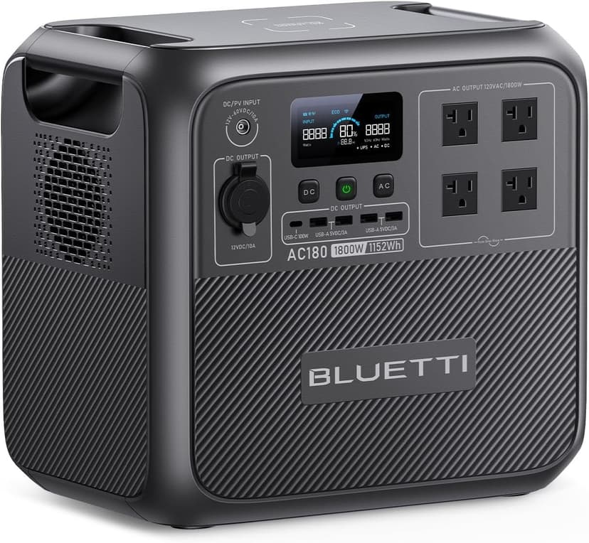 BLUETTI Solar Generator AC180, 1152Wh LiFePO4 Battery Backup w/ 4 1800W (2700W peak) AC Outlets, 0-80% in 45Min, for Camping, Off-grid, Power Outage