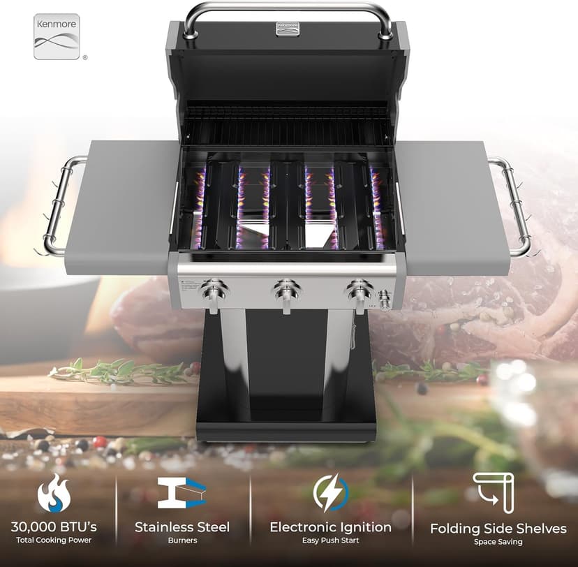 Kenmore 3-Burner Propane BBQ Grill, 30,000 BTUs Gas Grill with Cast Iron Cooking Grates, Folding Side Tables & Wheels, Outdoor Grill with Tool Hooks, Black