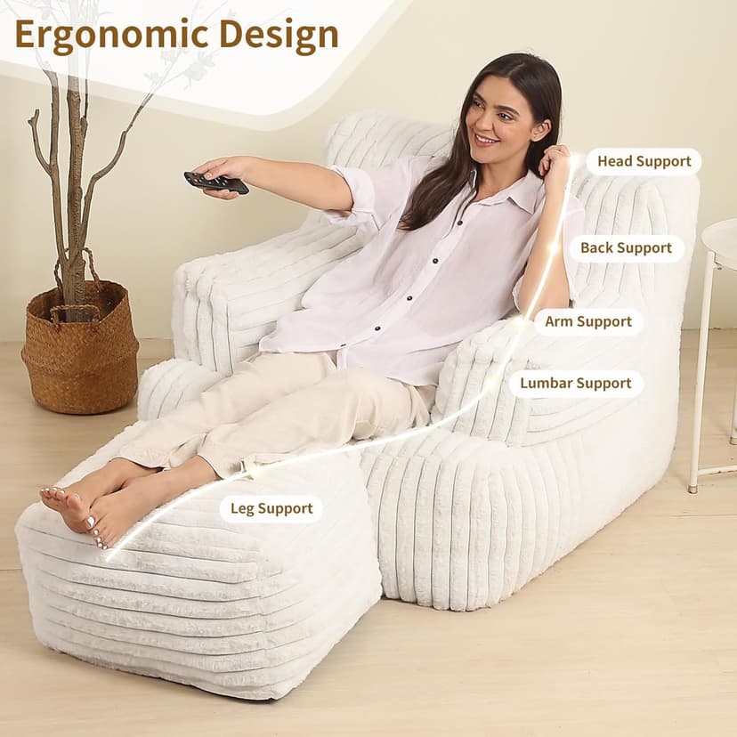 Comfy Gaint Bean Bag Chair with Ottoman, Fluffy Huge Bean Bag Armchair for Adults and Teens, Cream