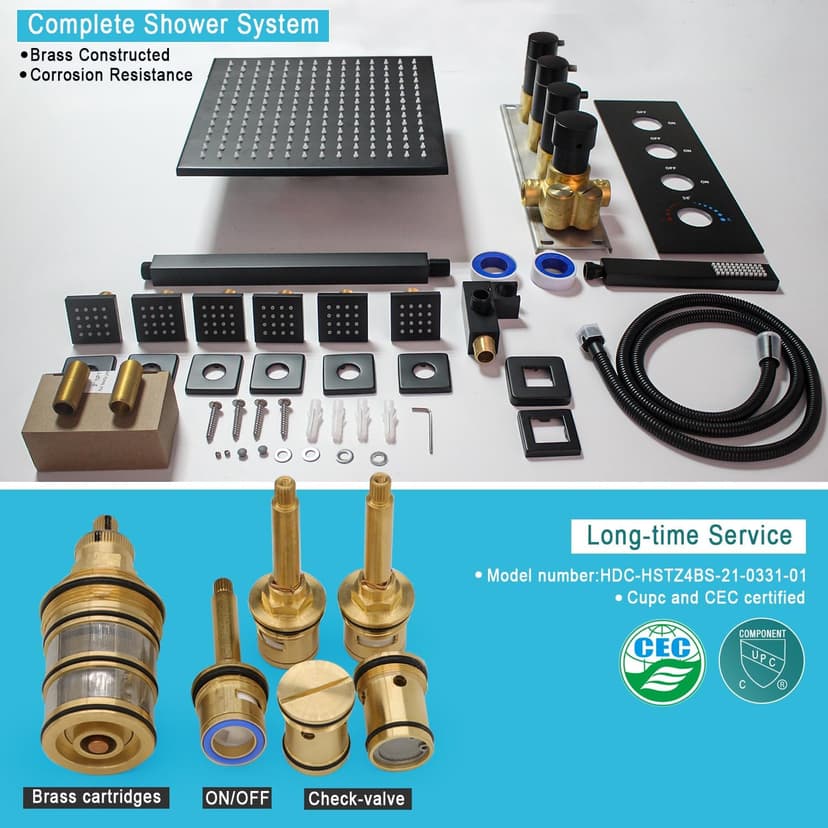 HOMEDEC 12inch Rain Shower System with Full Body Jets Sprays, Ceiling LED Brass Shower Faucet Set with 3 Functions Thermostatic Valve, Can Use All Function At Once