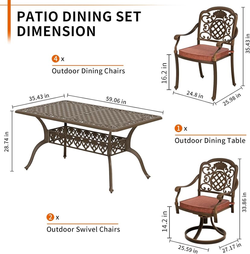 7-Piece Patio Furniture Dining Set, All-Weather Cast Aluminum Outdoor Table and Chairs for 6, Includes 4 Fixed Chairs & 2 Swivel Chair & 60’’ Rectangular Dining Table, Red