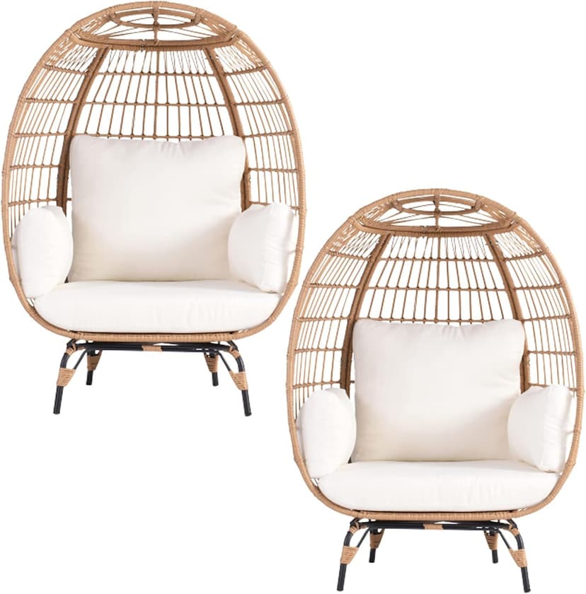 Oversized Wicker Egg Chair Set of 2, Outdoor Indoor Lounger with 4 Cushions, 440lb Capacity, Egg Basket Chair for Living Room, Backyard, Balcony, Patio, Beige