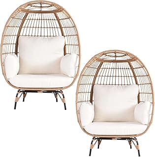 Oversized Wicker Egg Chair Set of 2, Outdoor Indoor Lounger with 4 Cushions, 440lb Capacity, Egg Basket Chair for Living Room, Backyard, Balcony, Patio, Beige