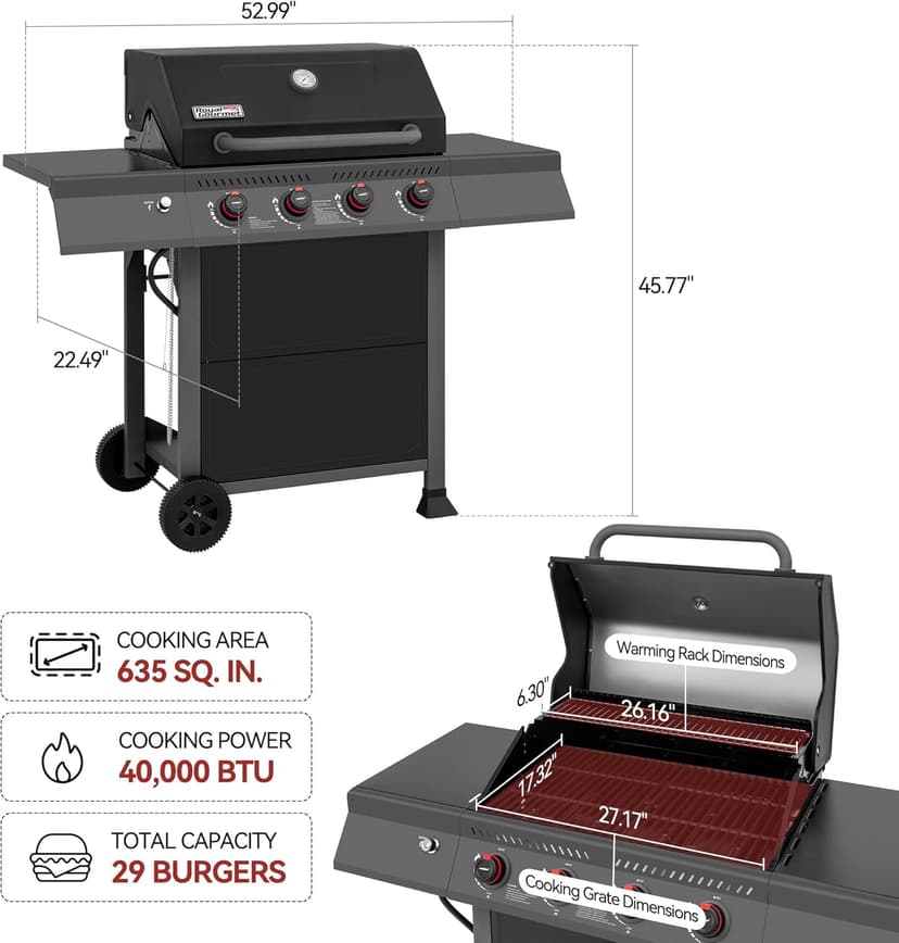 Royal Gourmet GA4401T 4 Burner Propane Gas Grill with Porcelain-enameled Cast Iron Grates, Outdoor BBQ Grill with Warming Rack for Outdoor Cooking and Backyard Barbecues, Black and Gray