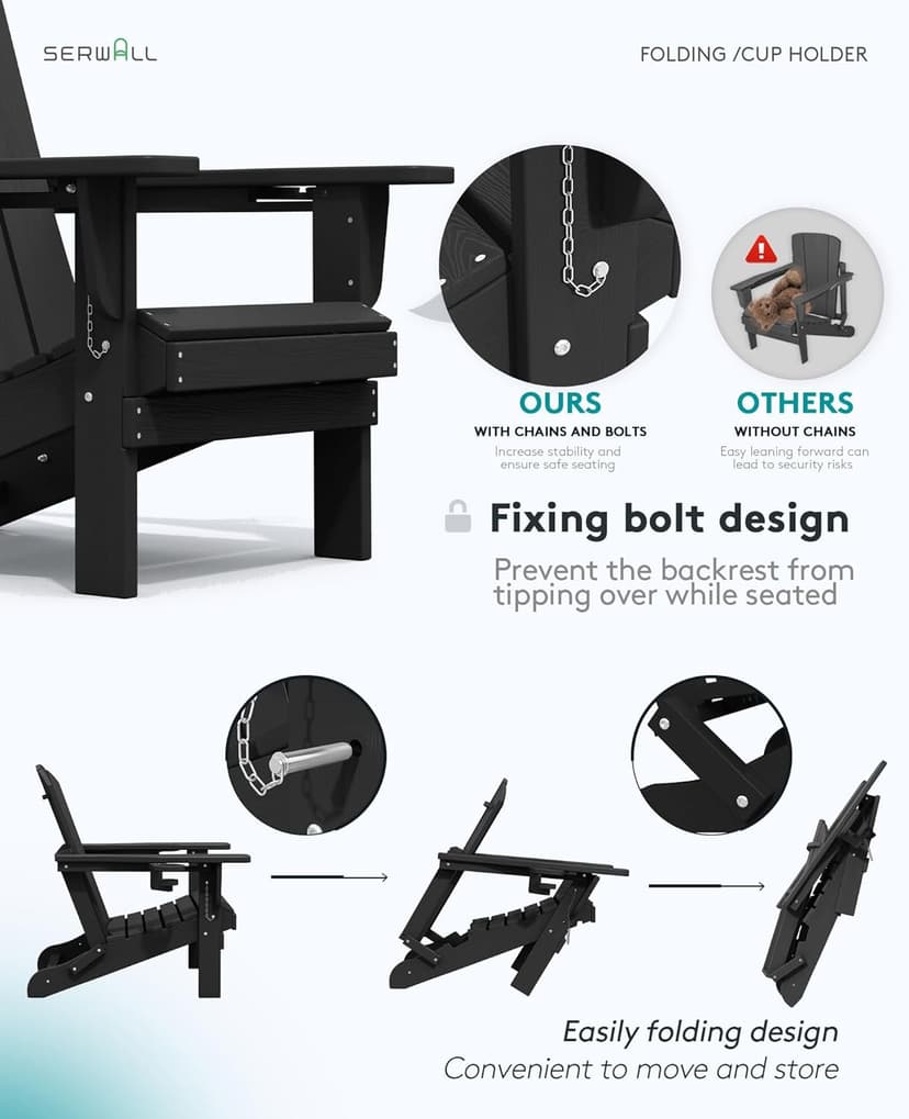 SERWALL HDPE Folding Adirondack Chair with Dual Cup Holder - Composite Adirondack Chair - Black